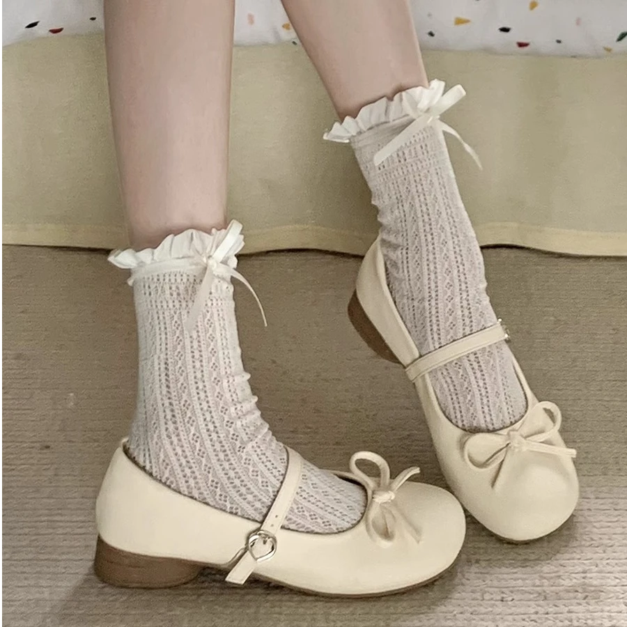 白色法式浅口粗跟单鞋女2025新款春秋配裙子蝴蝶结圆头玛丽珍女鞋