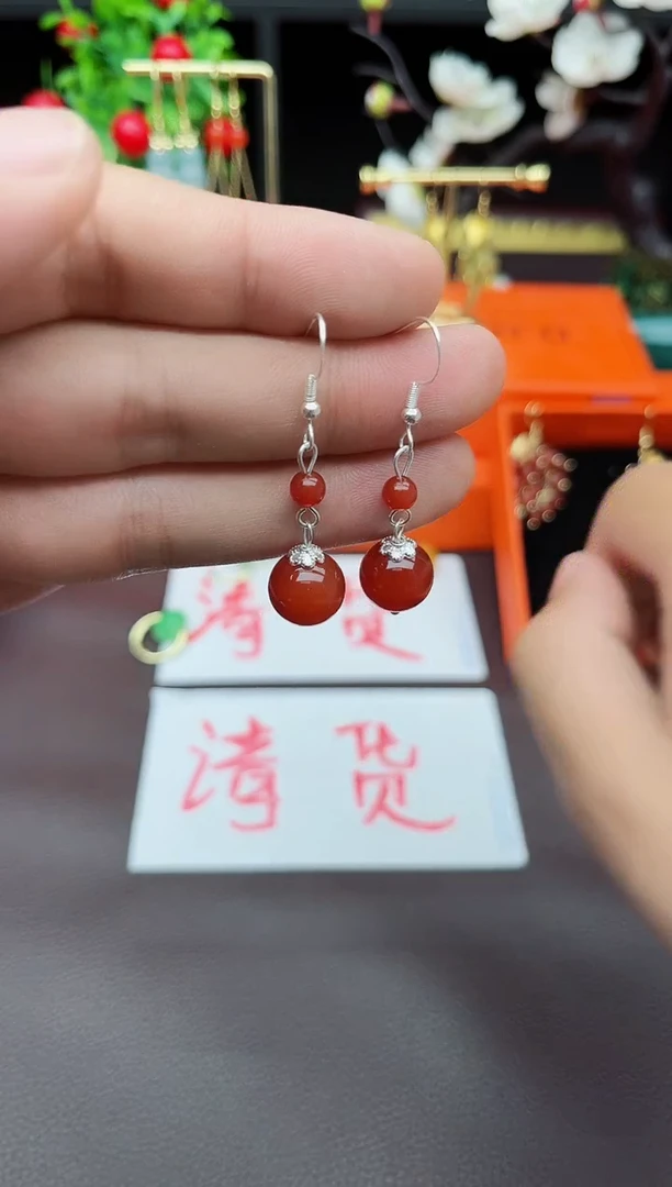 玛瑙/玉髓耳钉银S925镶嵌409000