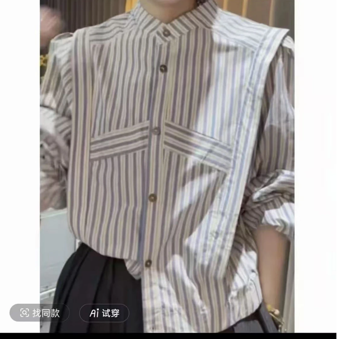 2025年春新款条纹立领长袖衬衫女时尚洋气衬衣外套短款气质上衣潮