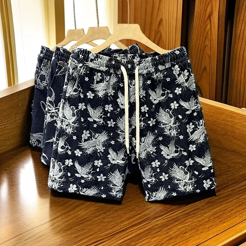 BOTEMER/比提米尔新中式仙鹤男牛仔短裤夏季休闲宽松短裤青年时尚