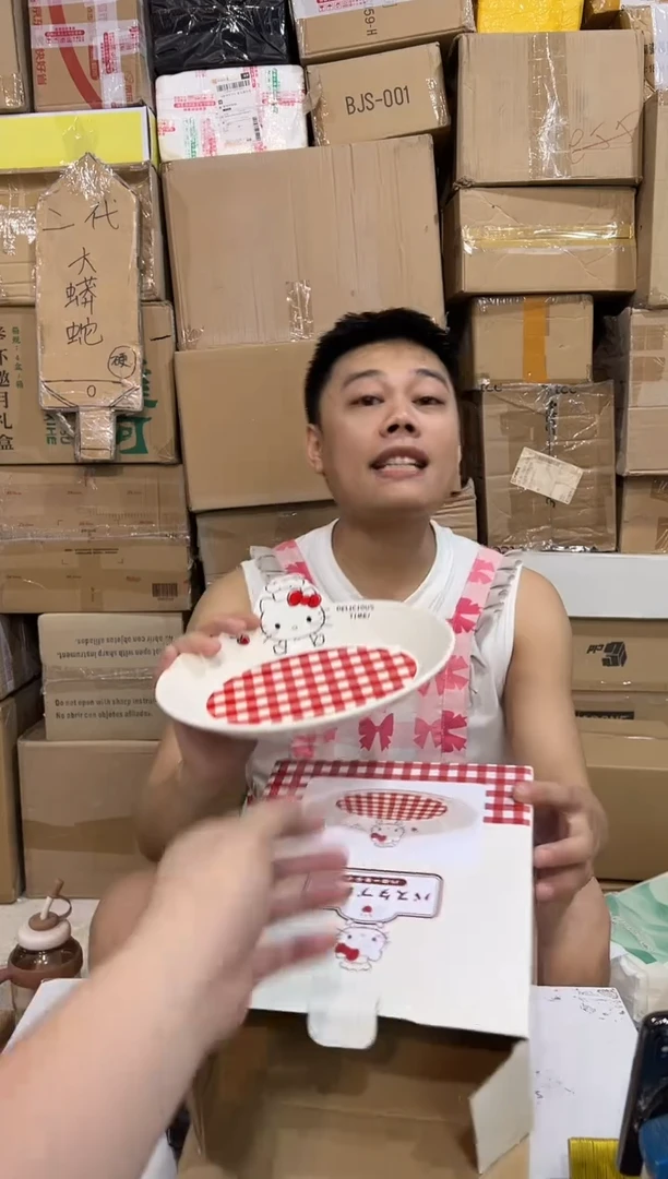 瓷片原盒kt猫红格子餐盘