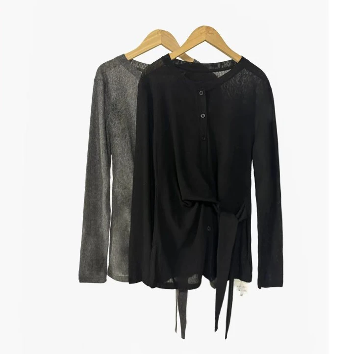 XJ 长袖绑带明线系带T恤百搭不规则轻奢褶皱 H0655