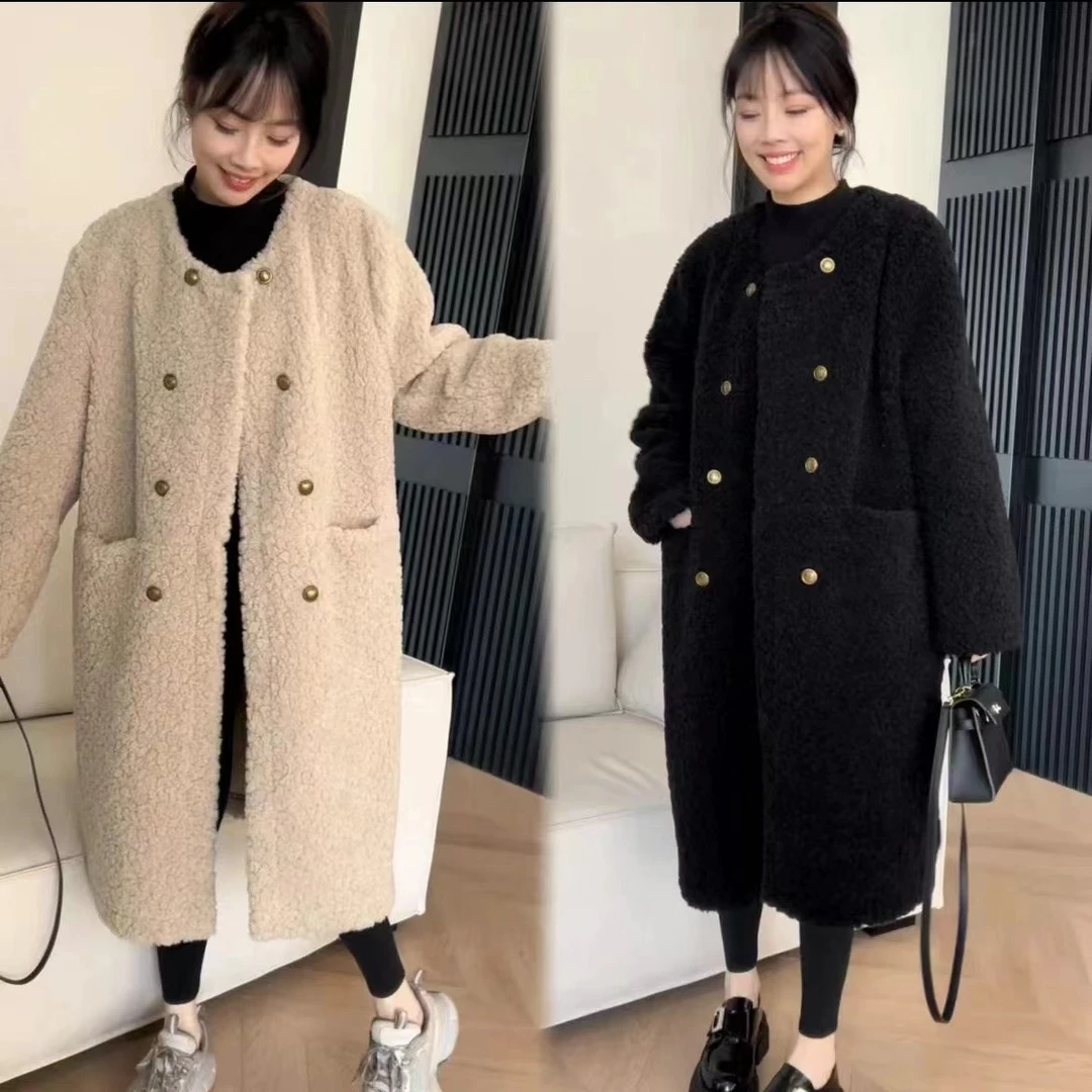 慵懒风宽松皮毛一体中长款外套时尚软羊羔绒大衣女士冬季