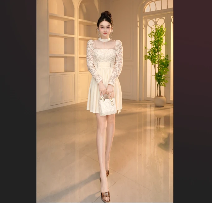 【冯艳定制】圆领法式长袖无袖拉链夏季连衣裙宴会轻奢显瘦48020