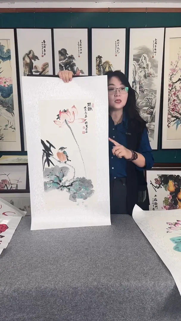 国画45*90荷花实木装裱