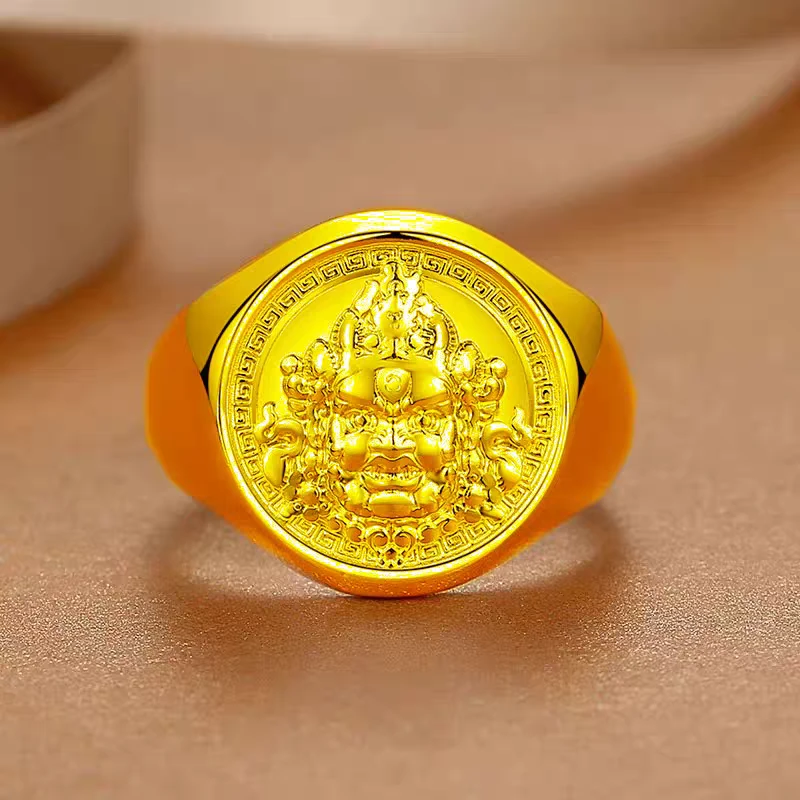 足银戒指 金包999足银黄财神戒指男士霸气扳指亮面本命转运可调节