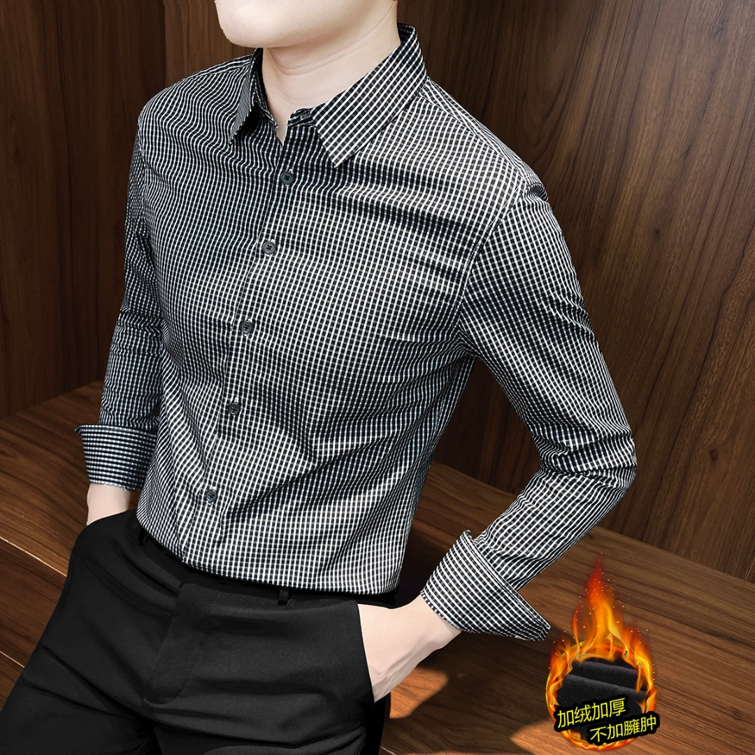 黑白格子衬衫男款长袖2025新款爆款秋冬款男装加绒加厚款男士衬衣