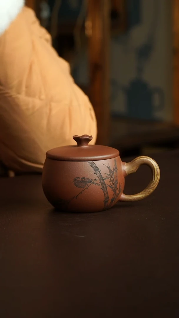茶杯紫砂69号 李建军老师底槽清竹鸟盖杯
