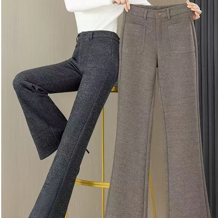 秋冬新款羊毛呢高档微喇叭直筒裤阔腿裤108款高腰显瘦外穿百搭
