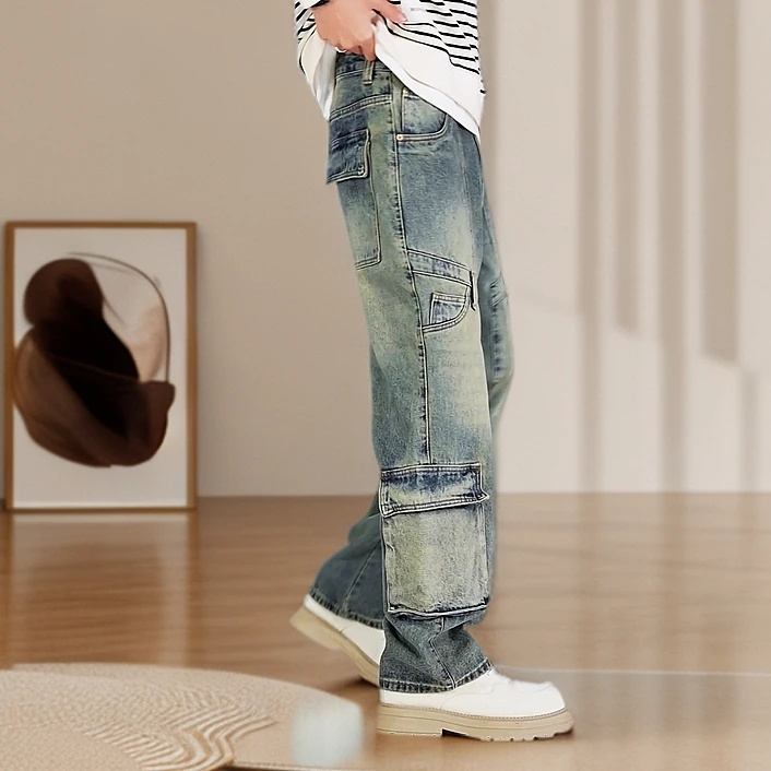 2025新款复古休闲水洗宽松百搭美式潮流牛仔裤裤子直筒男士牛仔裤