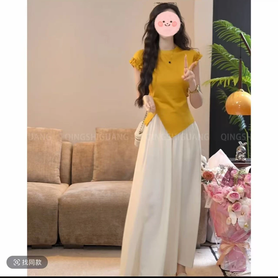 大码胖mm法式开叉百搭木耳边无袖T恤女系带收腰镂空洋气上衣+裤子