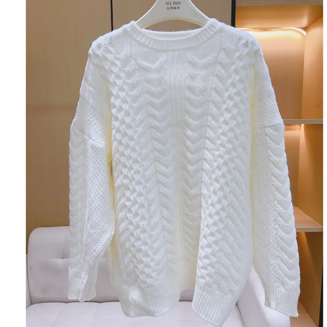 丨秋冬新款白色圆领重工麻花辫编织套头针织衫 7118