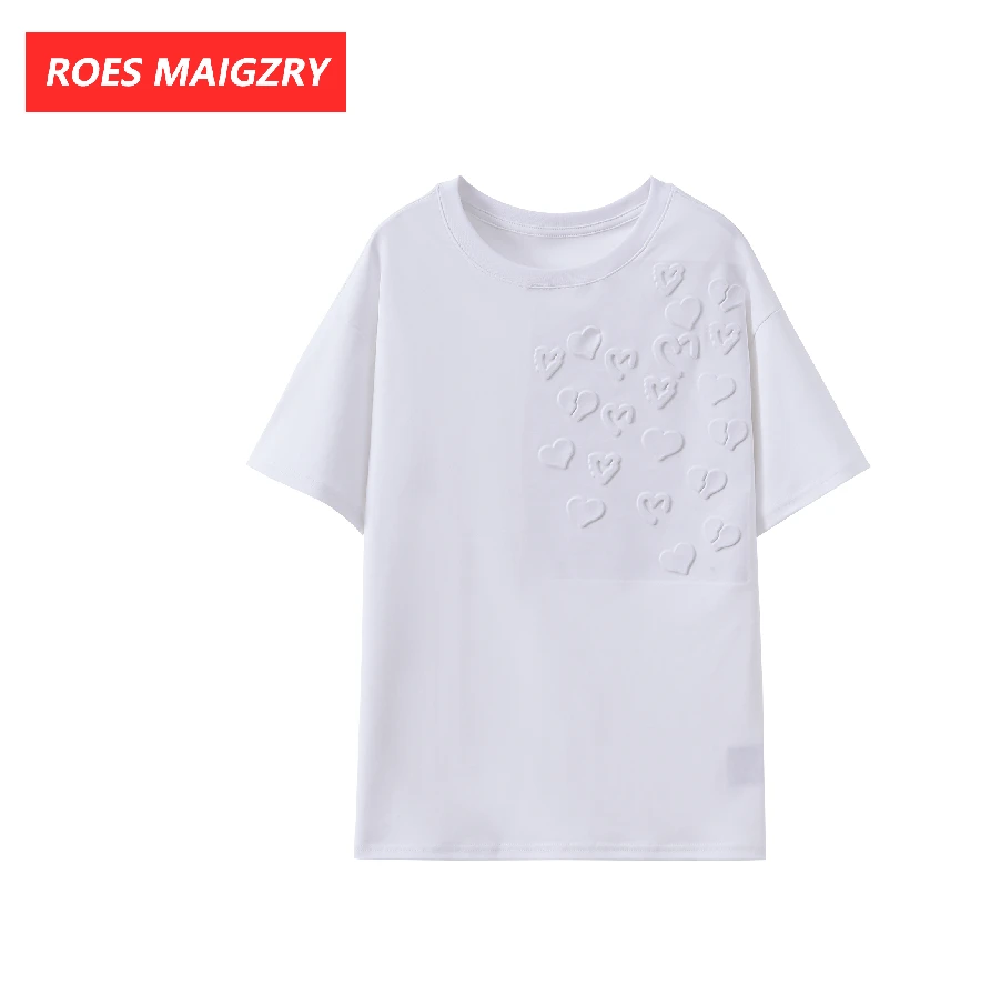 ROES MAIGZRY2025夏季短袖夏季个性爱心凹凸印圆领短袖T恤宽松