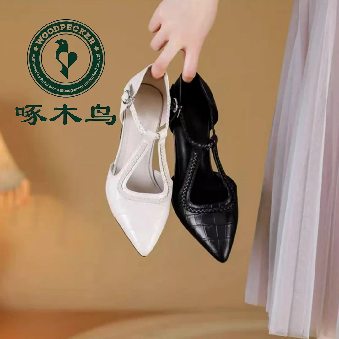 啄木鸟2025新款真皮软皮中跟单鞋女粗根浅口尖头气质女鞋凉鞋K8