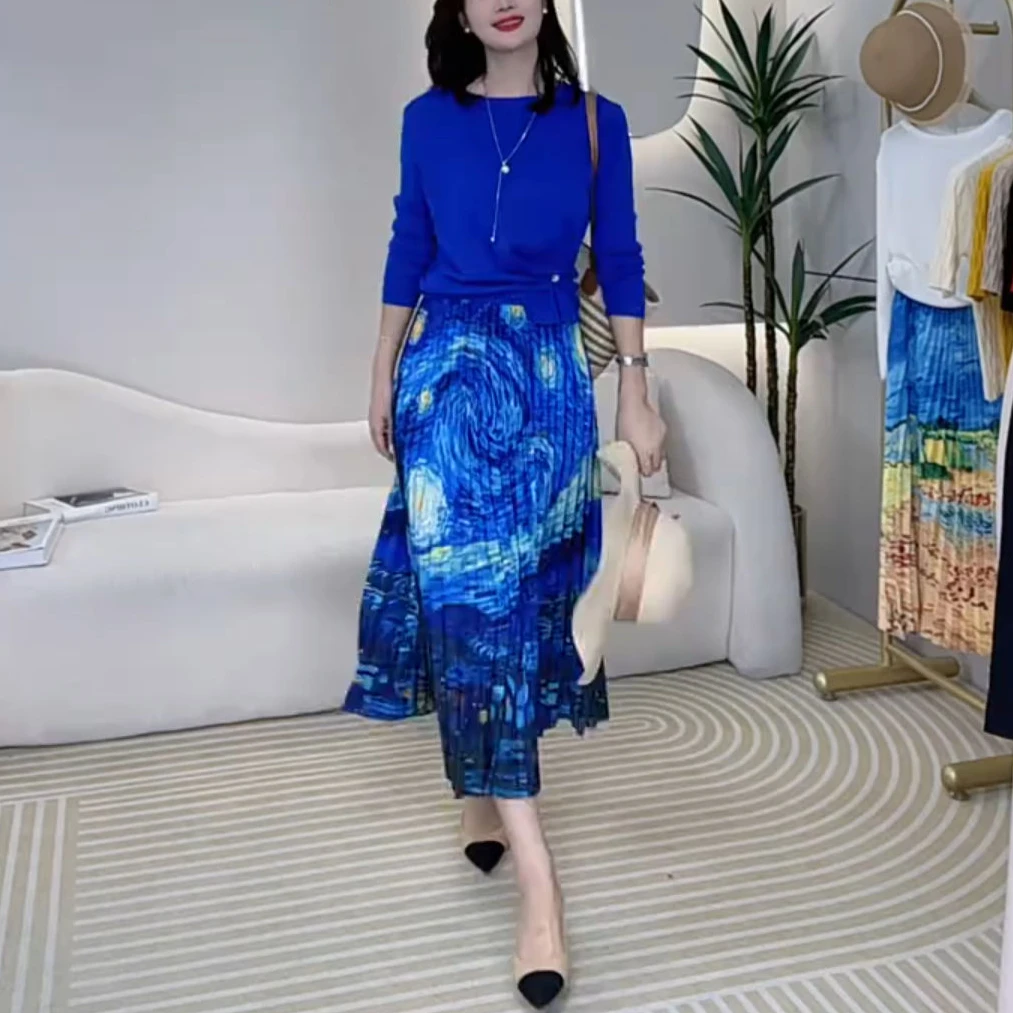 [工厂直销套装]春秋款多巴胺圆领纽扣针织衫印花半身裙99189+Q177