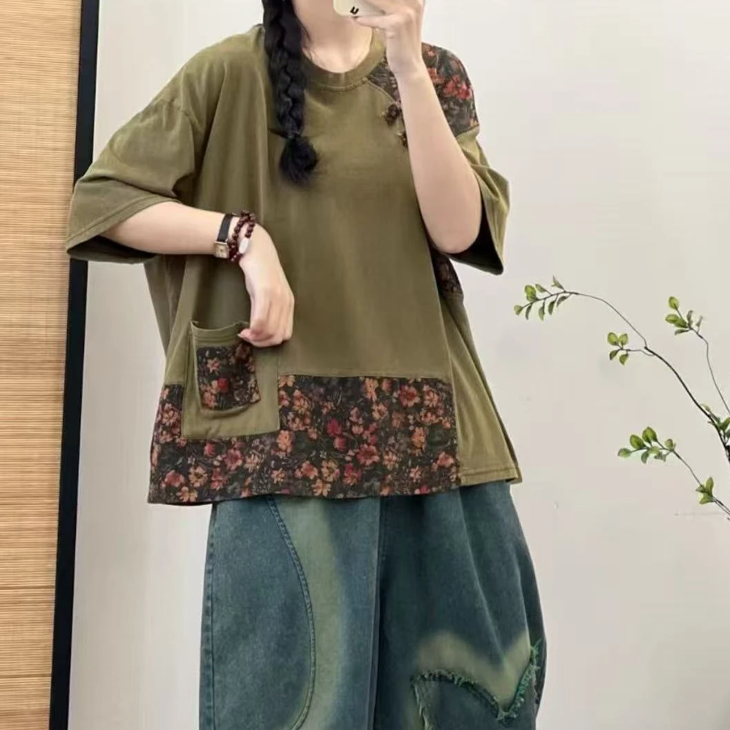 14067新款夏季复古名族风拼接碎花气质短袖T恤