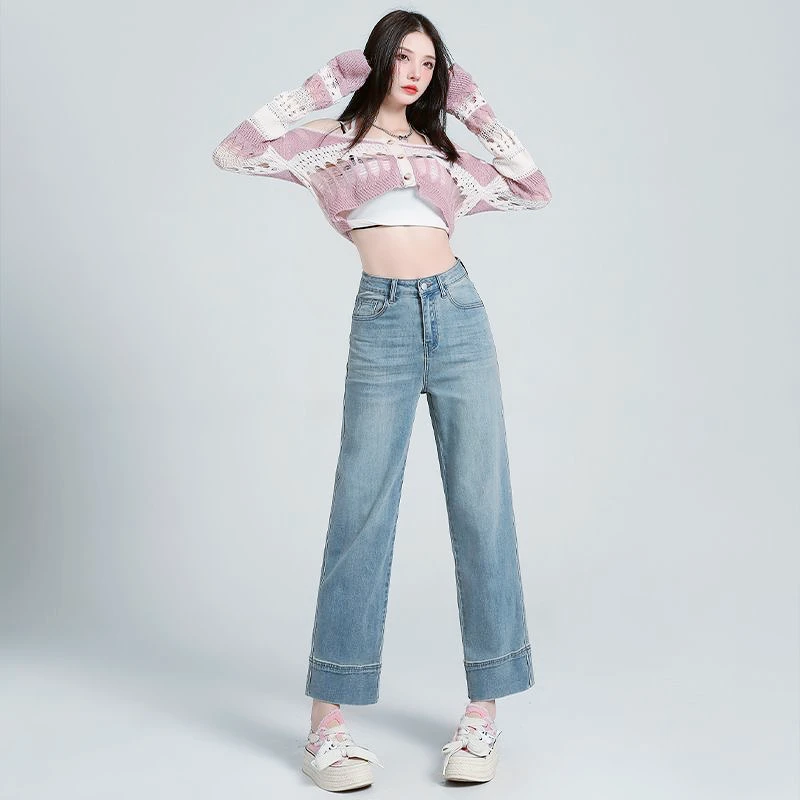 浅蓝高腰直筒牛仔裤女2025秋季新款小个子显瘦卷边宽松百搭烟管裤