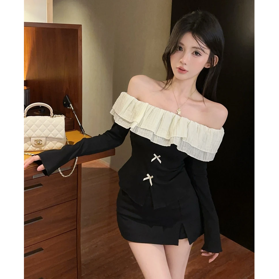 2025秋季新款甜美蝴蝶结一字肩拼接荷叶边长袖T恤上衣配显瘦裙裤