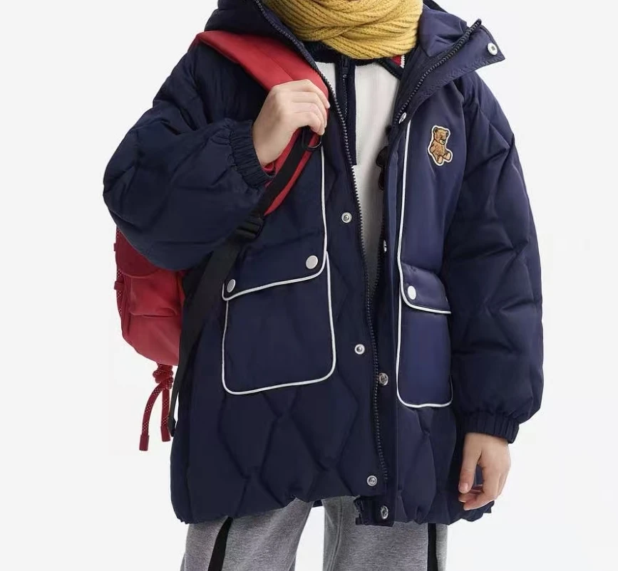 8723-童羽绒服中长款拼色连帽保暖羽绒服儿童