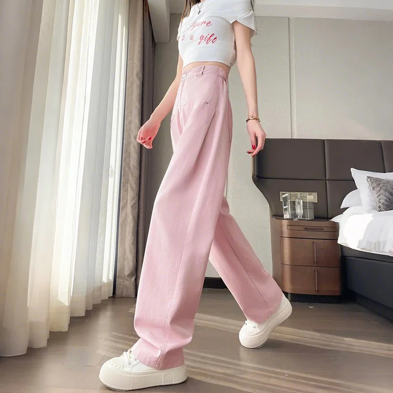 粉色天丝弯刀阔腿牛仔裤女春夏薄款小个子垂感窄版直筒镰刀香蕉裤