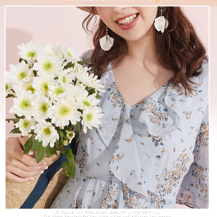 拉夏系列 碎花雪纺连衣裙V领荷叶边喇叭袖甜美公主显瘦气质长裙夏