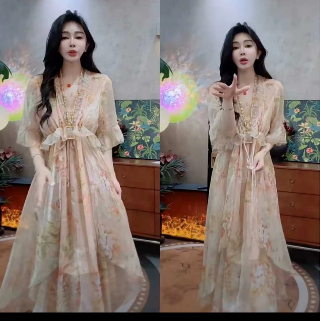 2025新香槟大摆连衣裙显瘦收腰森系套头夏季女装短袖法式裙子