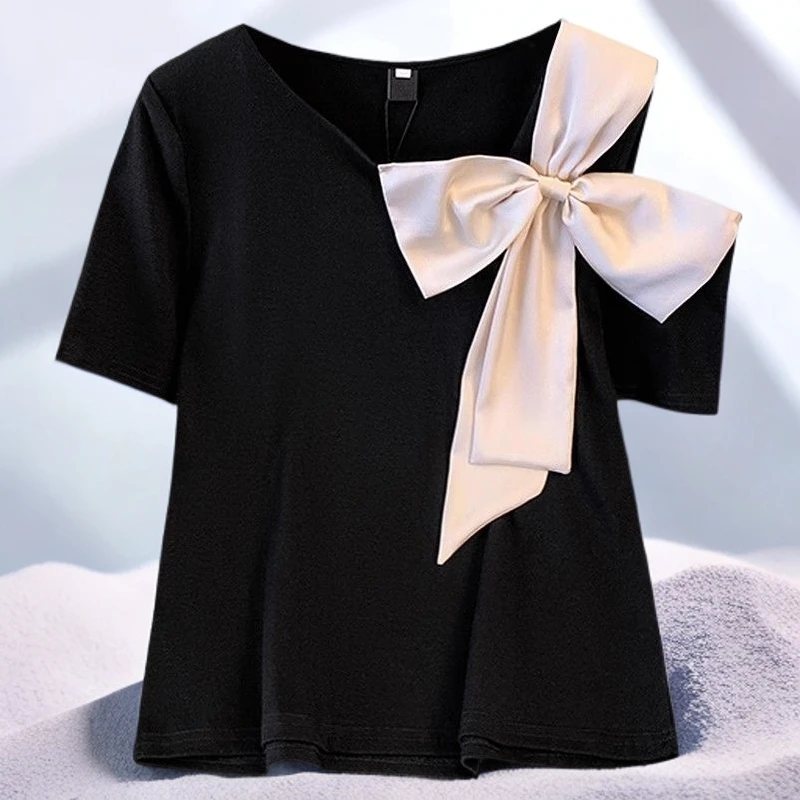 夏季大码胖mm短袖t恤洋气时尚减龄露肩显瘦休闲甜美可爱风格衣服