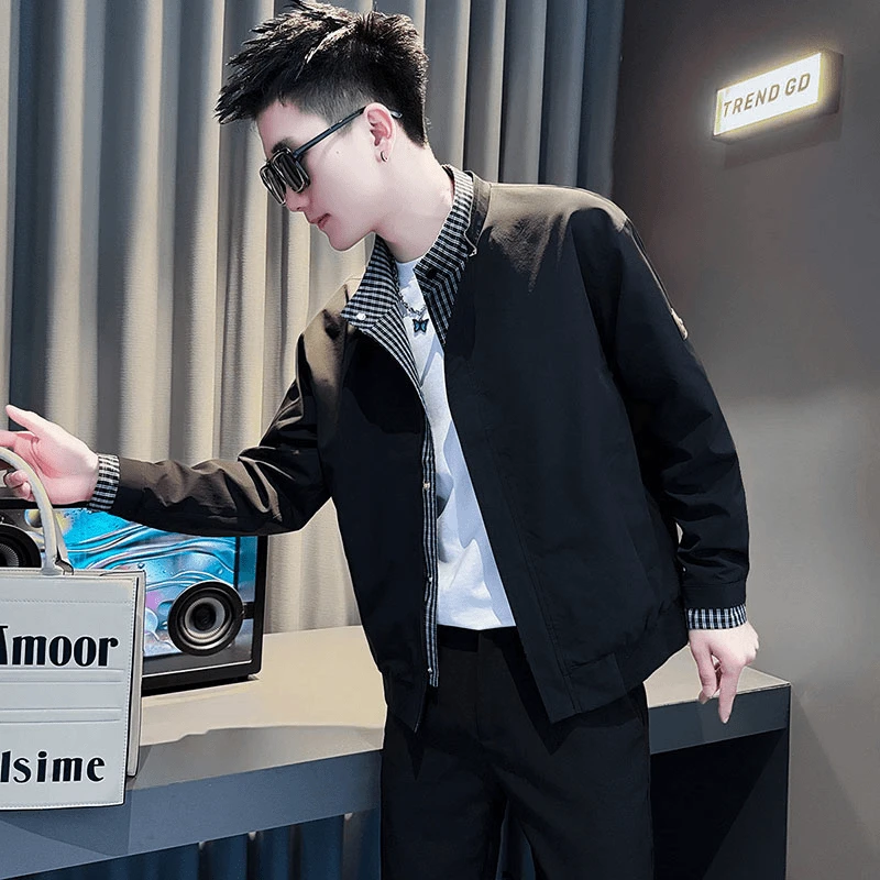 2025新款网红洋气炸街假两件拼接夹克高级感男士外套春秋男装衣服