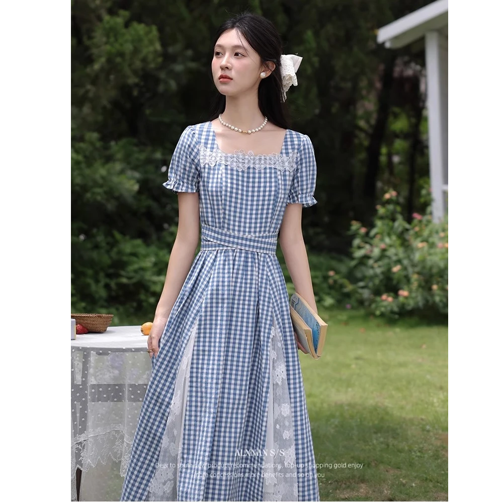 鹿向南「米兰旧刊」韩系甜美格纹女夏季新款方领收腰修身蓝色连衣裙