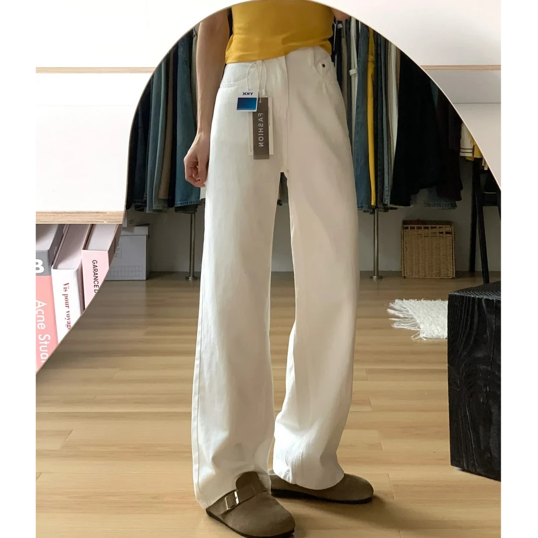 纯棉白色高品质直筒牛仔裤女2025四季新款窄版高腰拖地阔腿裤子