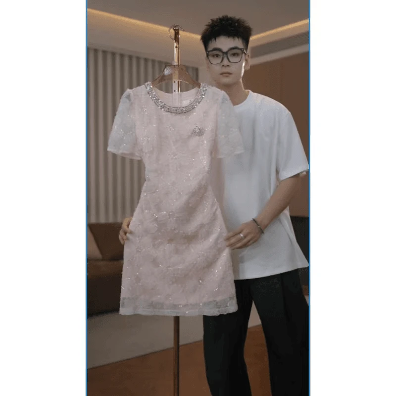 6932气质名媛千金连衣裙轻奢高贵夏季新款短袖女装蕾丝