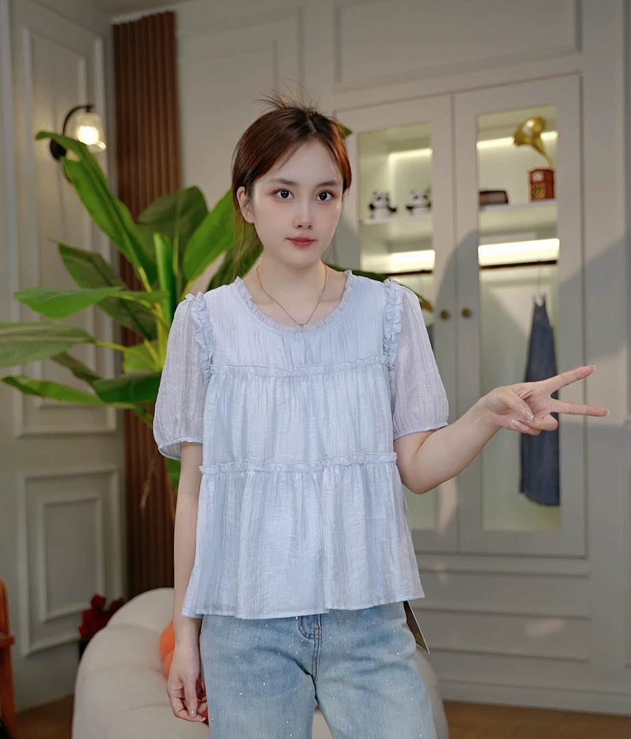（花宝1）夏季新圆领纯色花边款时尚上衣4173