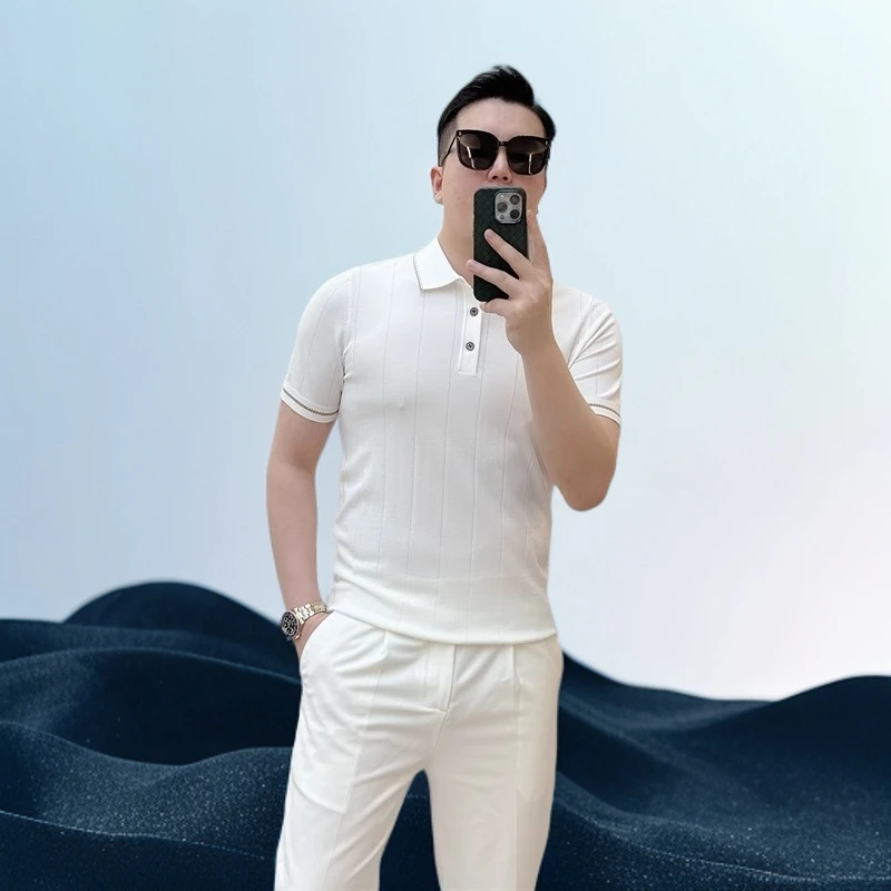 巴赛娜缇夏季新款简约纯色竖纹修身百搭冰丝舒适短袖T恤polo衫