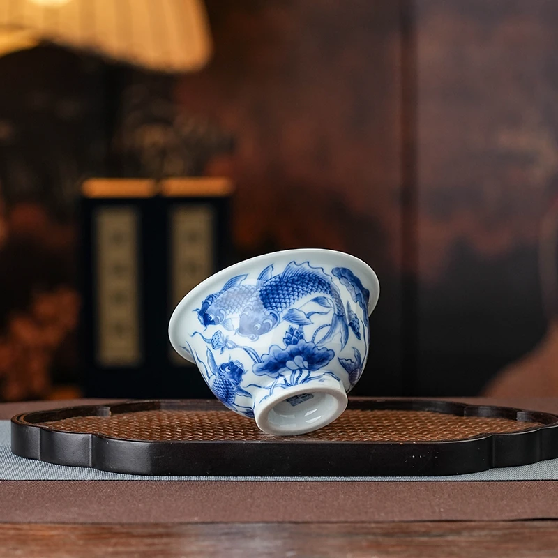 正德御窑望月怀古九鲤压手杯复古手绘瓷茶品茗纯手工中式喝茶饮茶