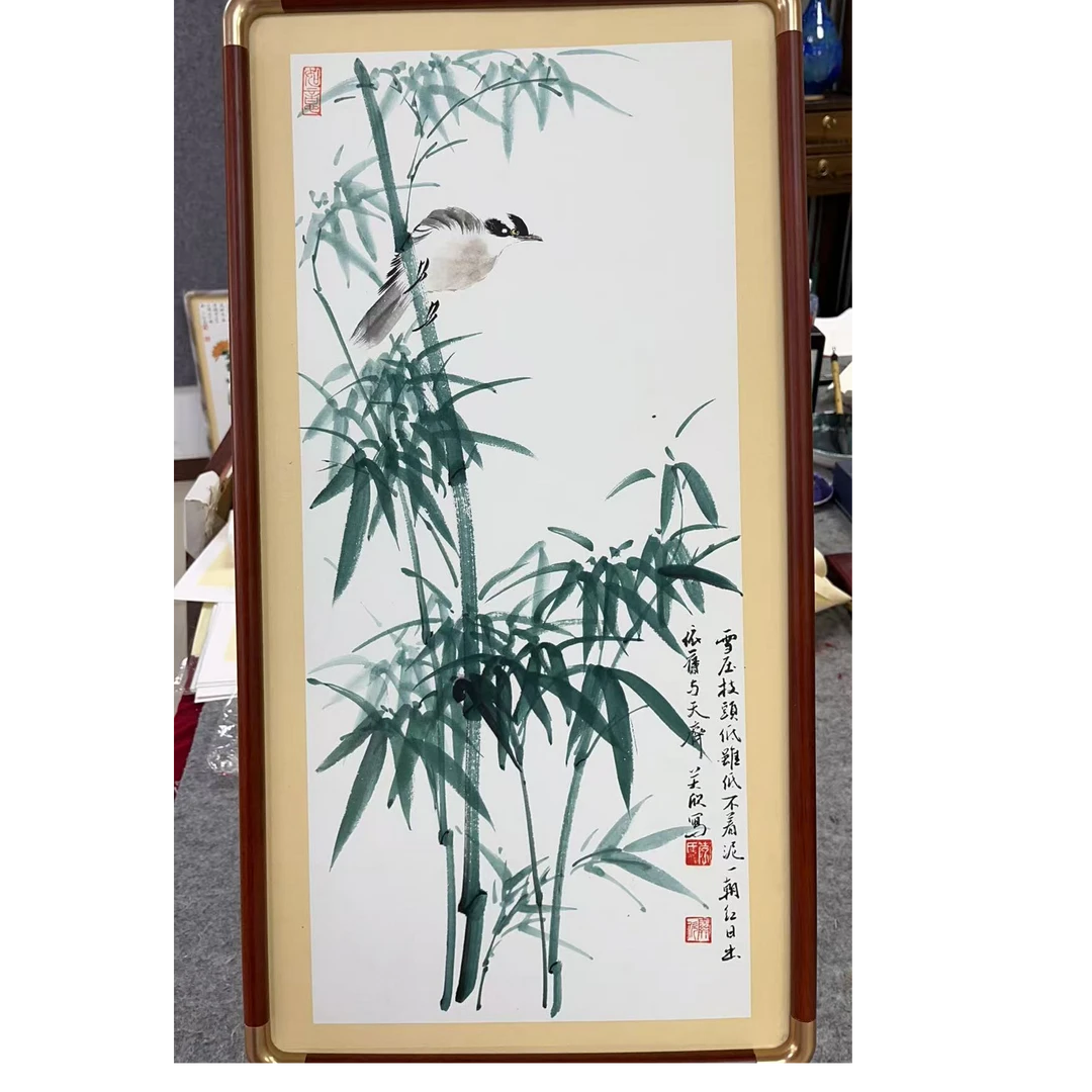 《竹子》雪压枝头低，李关欣手绘，花梨木装框67×35厘米，带有机玻璃