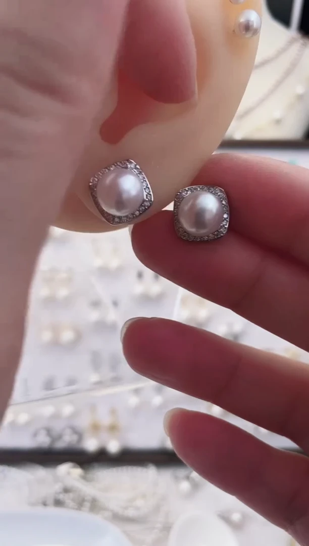 银S925镶嵌耳饰淡水珍珠44通体银