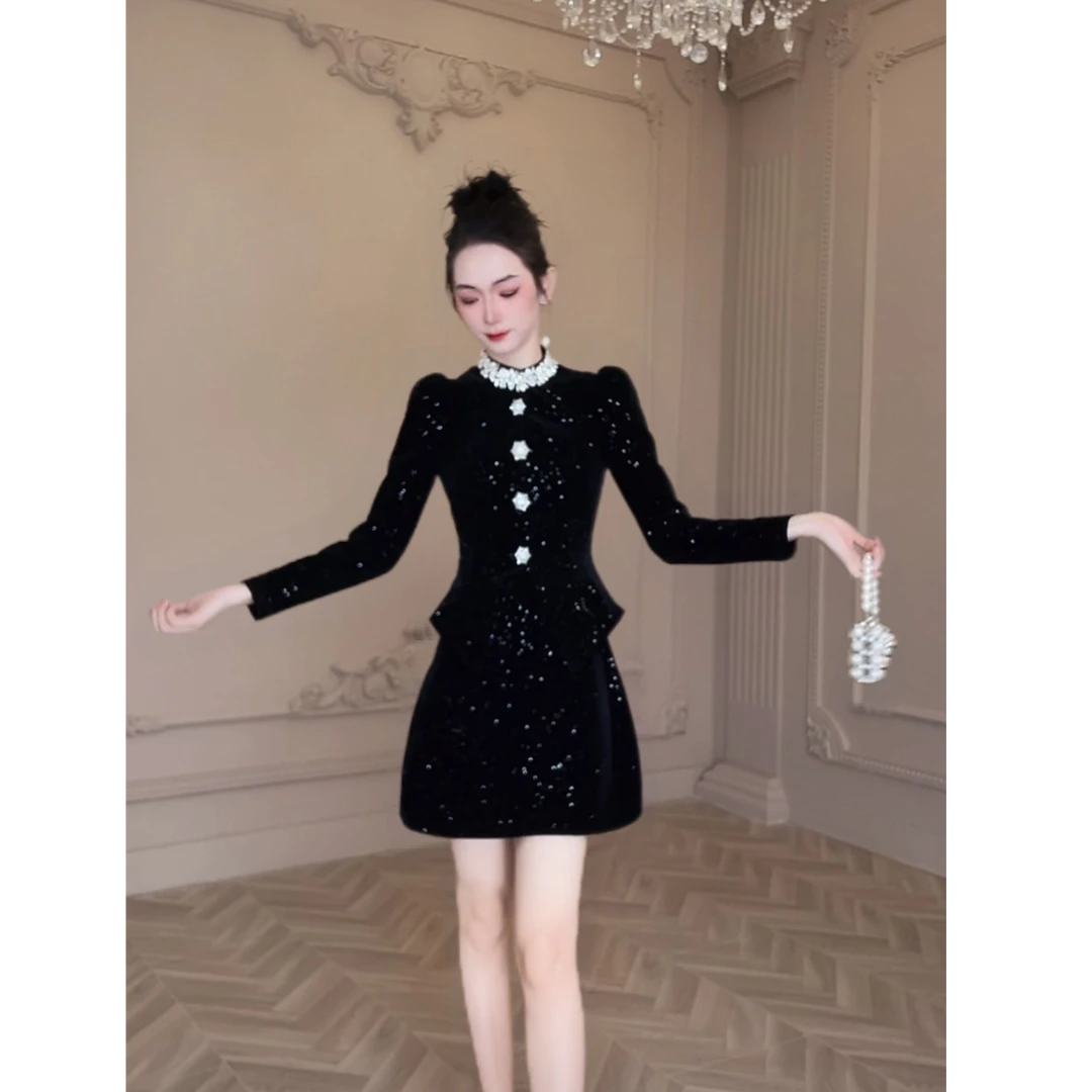 【童童定制】秋冬法式镶钻亮闪赫本风复古名媛收腰显瘦连衣裙15359