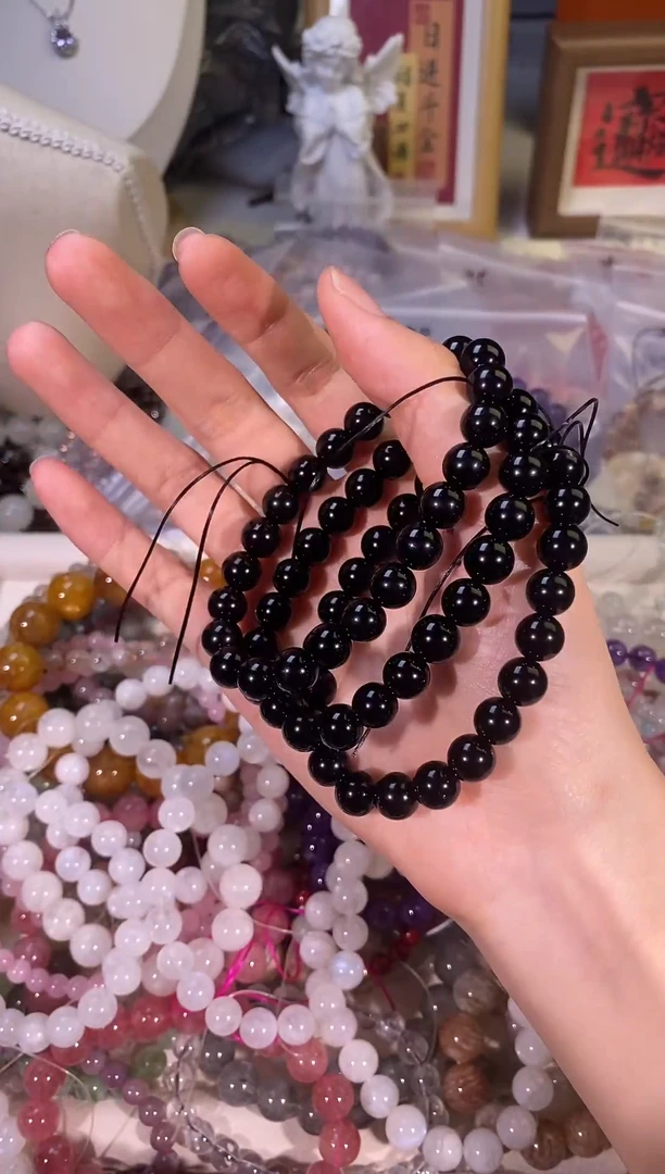 水晶手串未镶嵌52两条黑耀石8MM