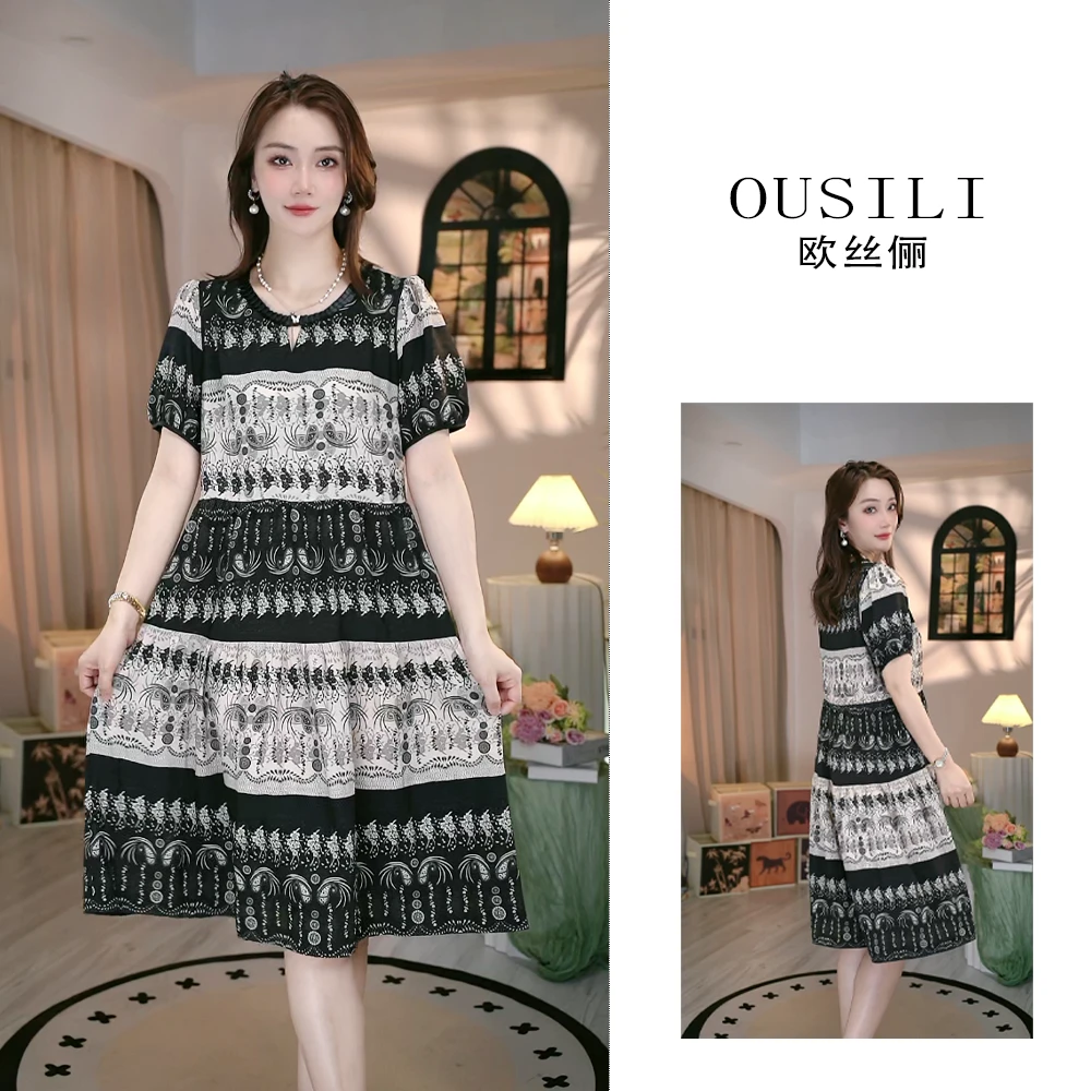 OUSILI【高端线】桑-高档结构条纹夏季冰感宽松显瘦舒适连衣裙725W