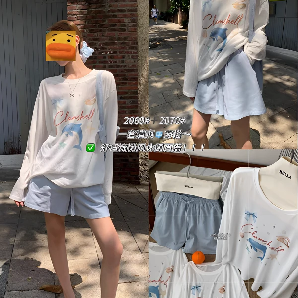 【宋正恩同款】夏季莱赛尔天丝雪花棉韩系海豚印花T恤空调罩衫8060