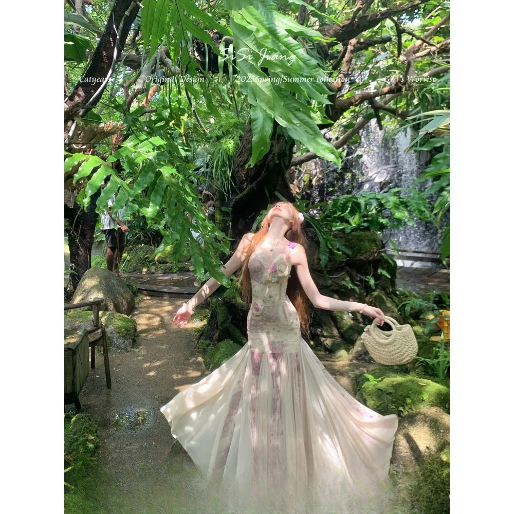 2025新款“花开半夏”法式浪漫花朵修身显瘦气质鱼尾吊带长裙森系女