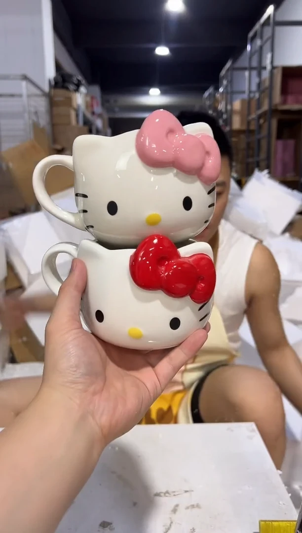 瓷片红色加粉色蝴蝶结kt头杯2件套微瑕