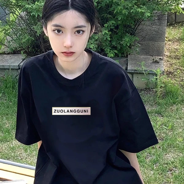UNUF纯棉黑色短袖t恤女2025新款夏季正肩圆领美式宽松半袖设计感