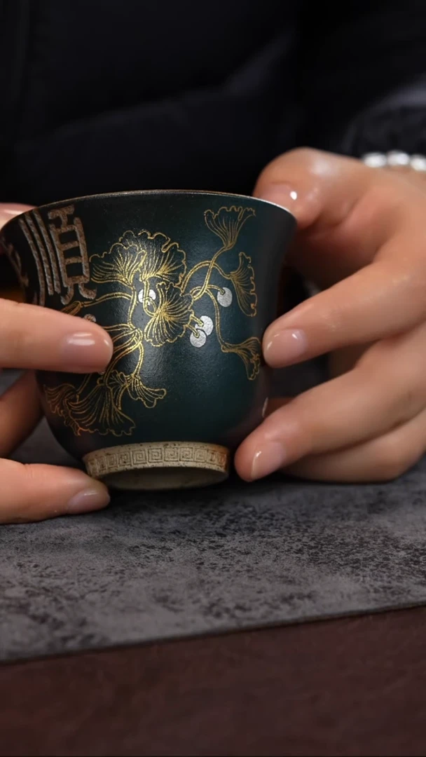 【闪购商品】紫砂茶杯柴烧 双色粉浆 描金银 银杏 主人杯
