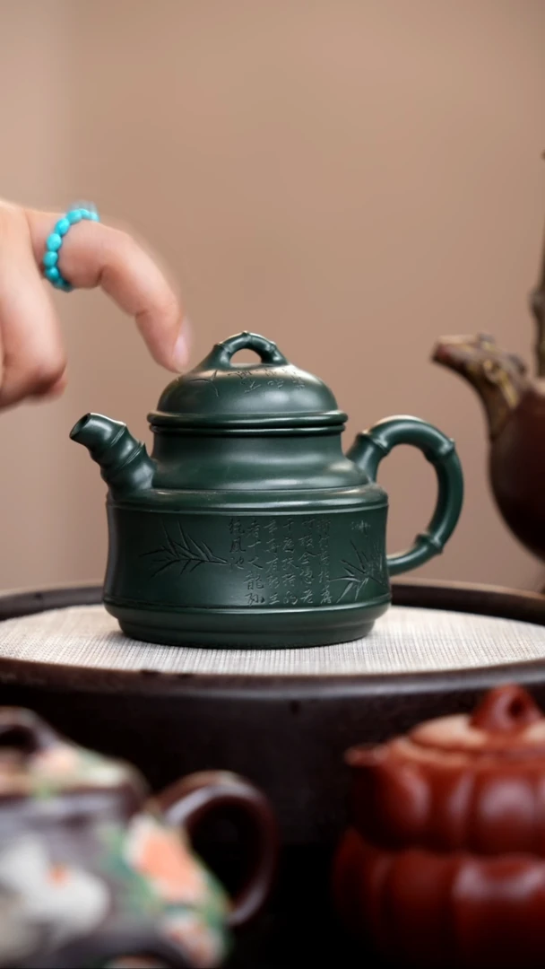 茶壶紫砂民国绿竹鼎刻竹