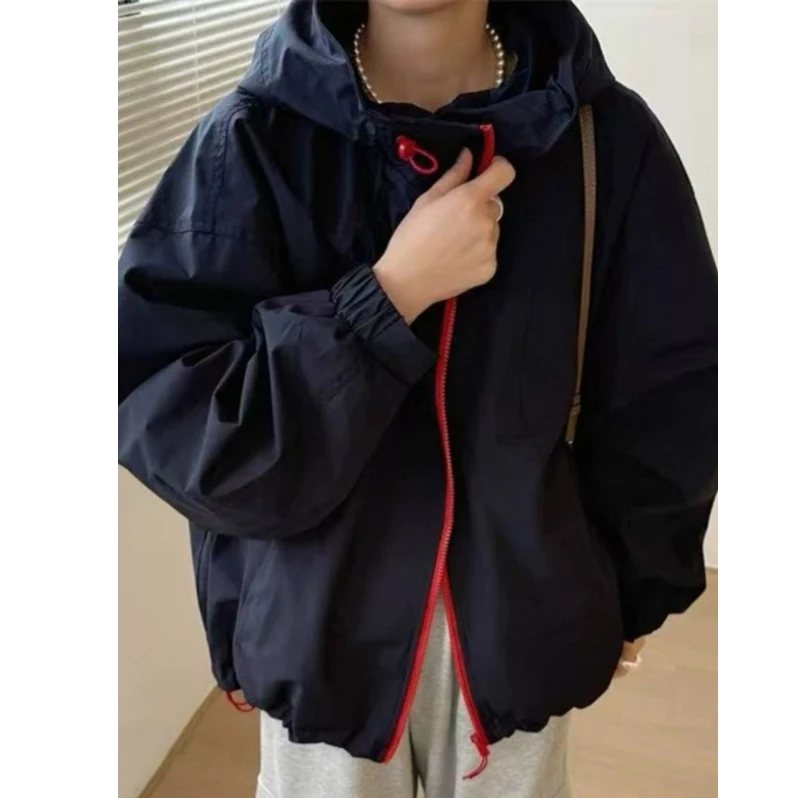 欧洲站2025春季新款简约宽松薄款连帽短外套女拼色拉链防晒衫上衣