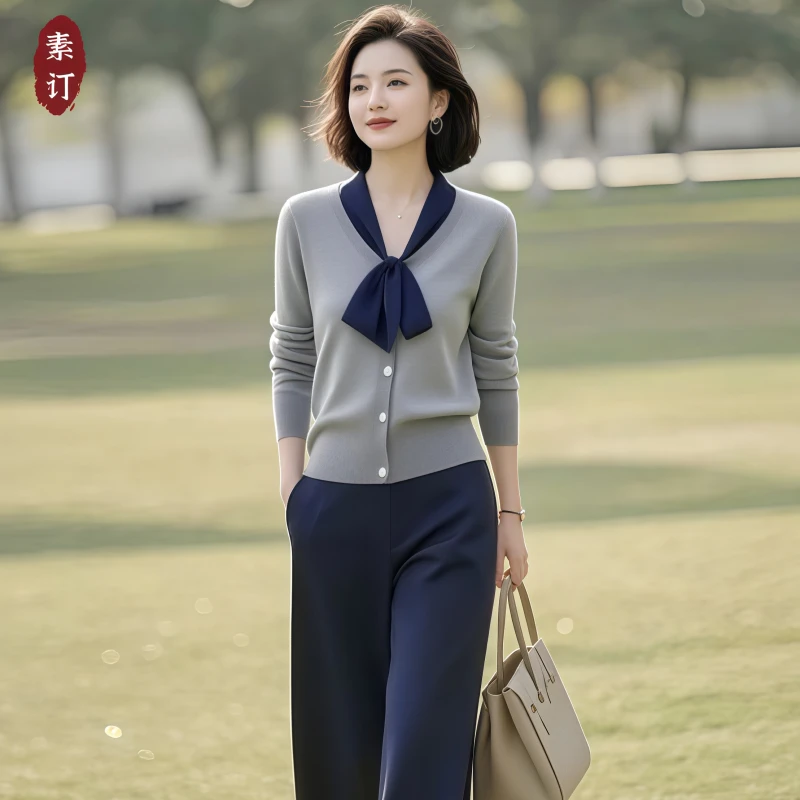 素订女装原创品牌旗舰店拼接系带领针织上衣+松紧腰直筒裤套装秋