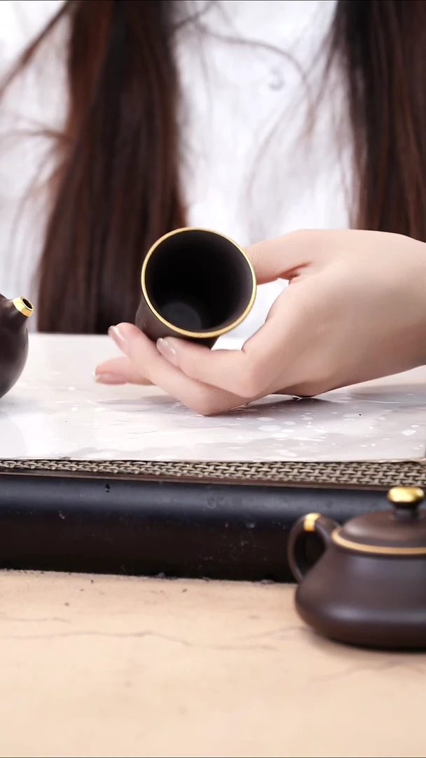茶壶紫砂四号井茄皮紫泥描金闻香杯