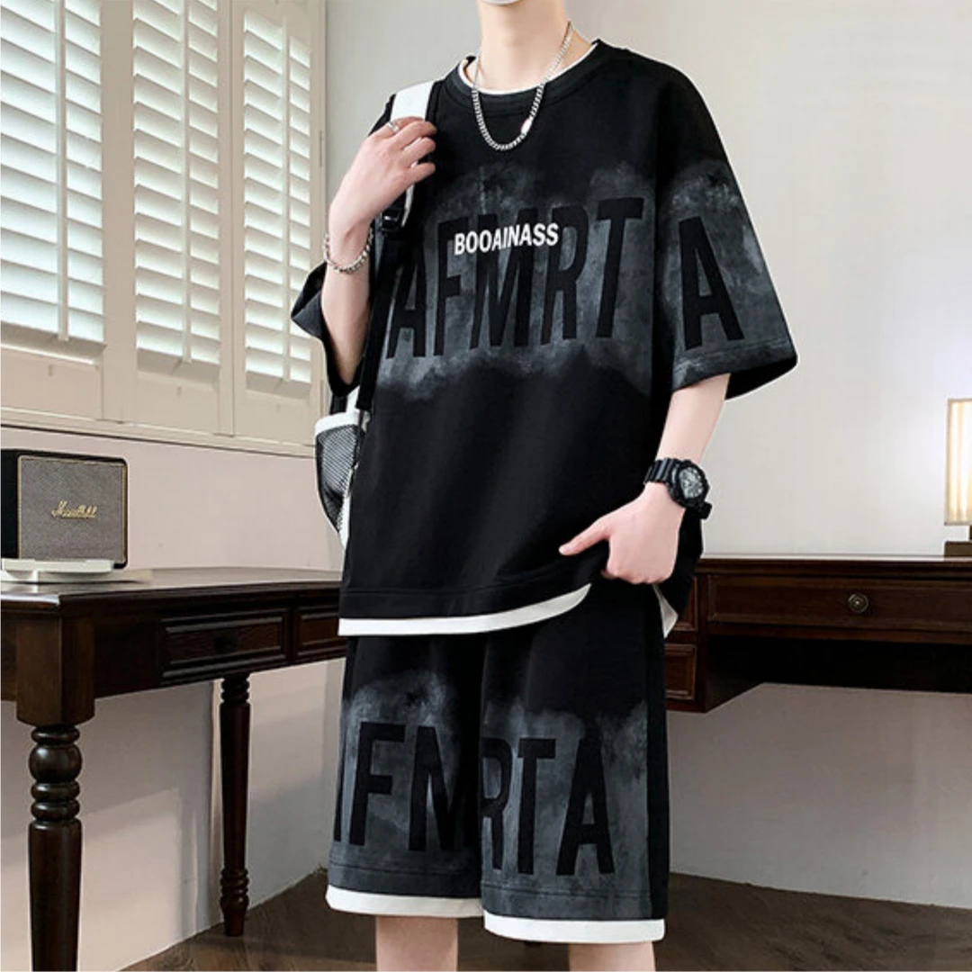 夏季痞帅慵懒风男装大码100-280斤冰丝假两件短袖运动青少年套装