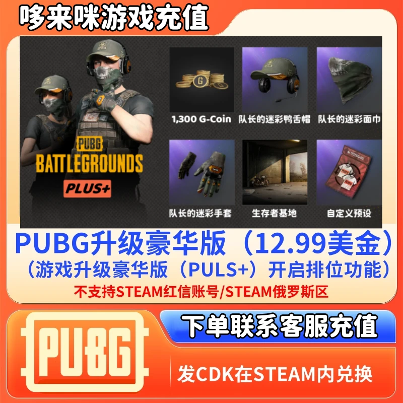 PUBG绝地求生升级豪华版吃鸡激活PLUS+打排位竞技Steam余额充值GB